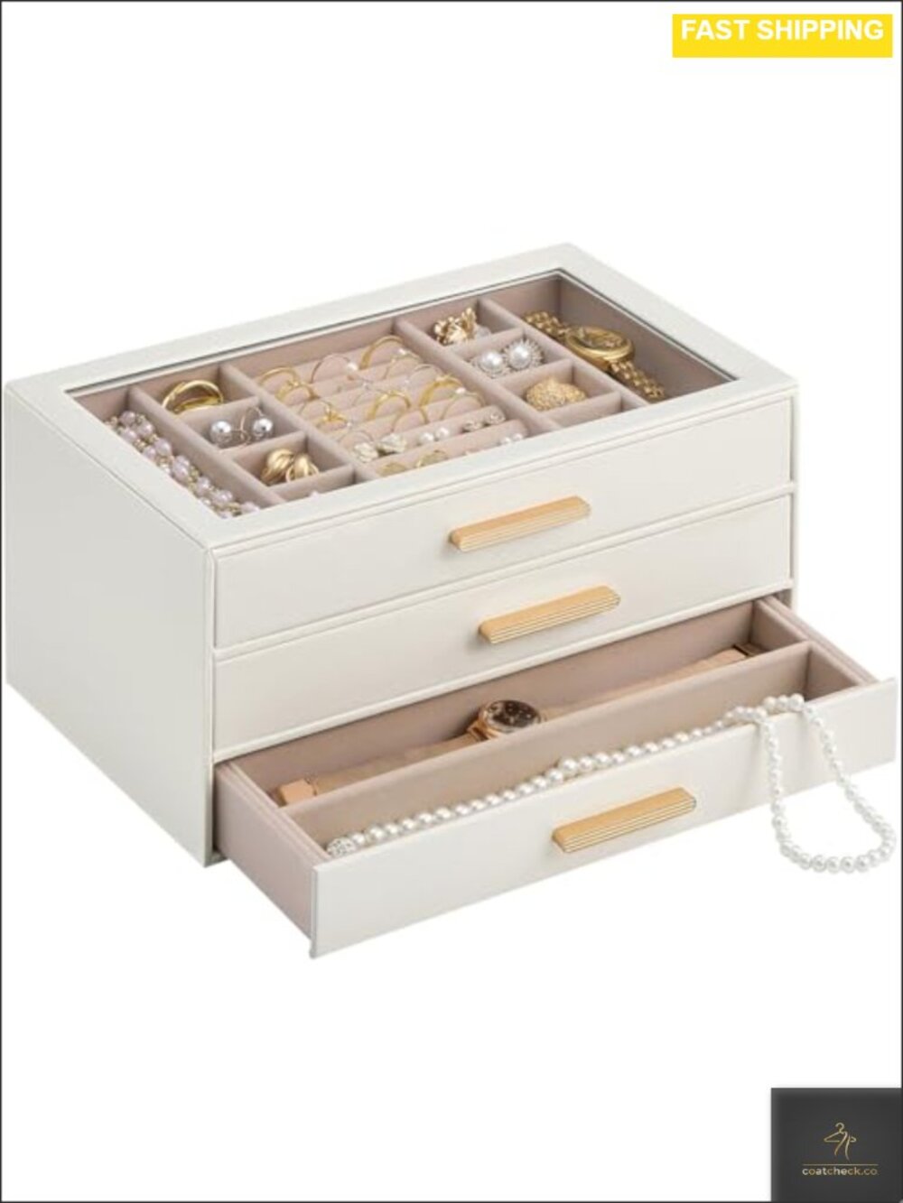Jewelry Box Organizer 3-Layer Storage Case with Glass Lid PU Leather